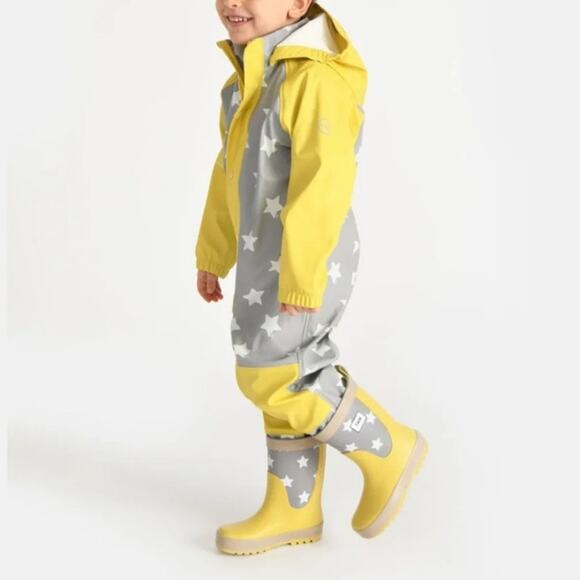 NWT 7AM Rain Coveralls Waterproof Hooded Rainy Star Print Yellow Gray 2-3T - Picture 1 of 9